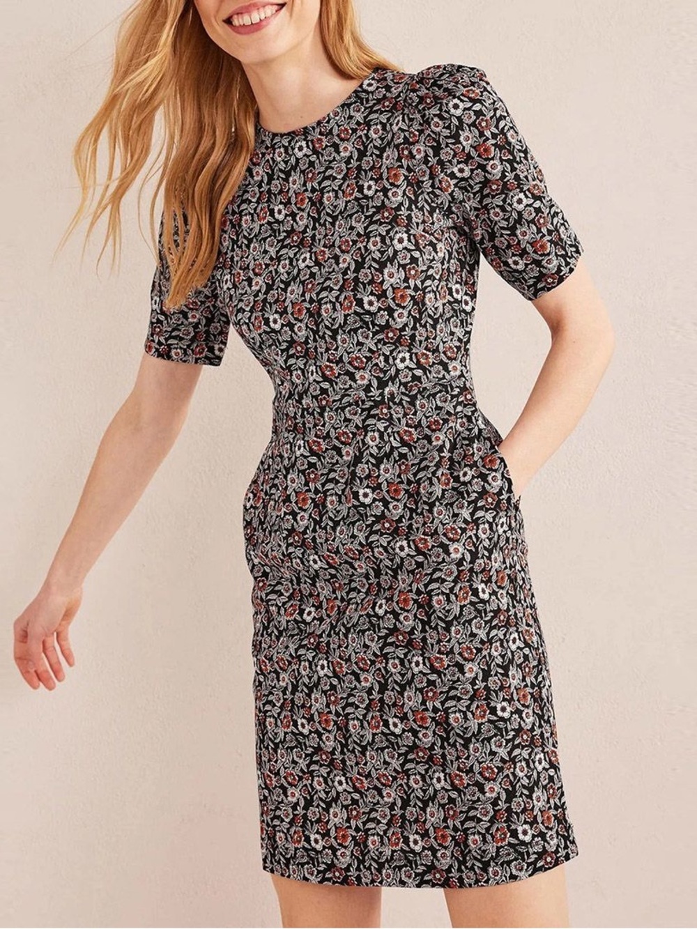 BODEN Black Zoe Floral Jersey Dress 100% Cotton